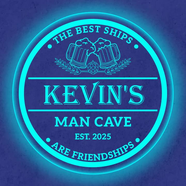 Glowing blue custom man cave signage with beer mugs and a friendship quote.