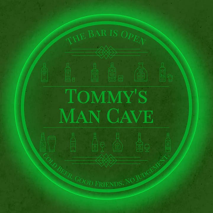 Custom green LED man cave sign personalized with a name and glowing beer bottle graphics.