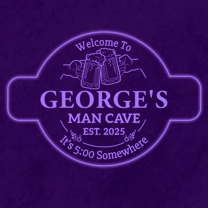 Personalized purple acrylic man cave sign featuring clinking beer mugs and a five o'clock somewhere quote.