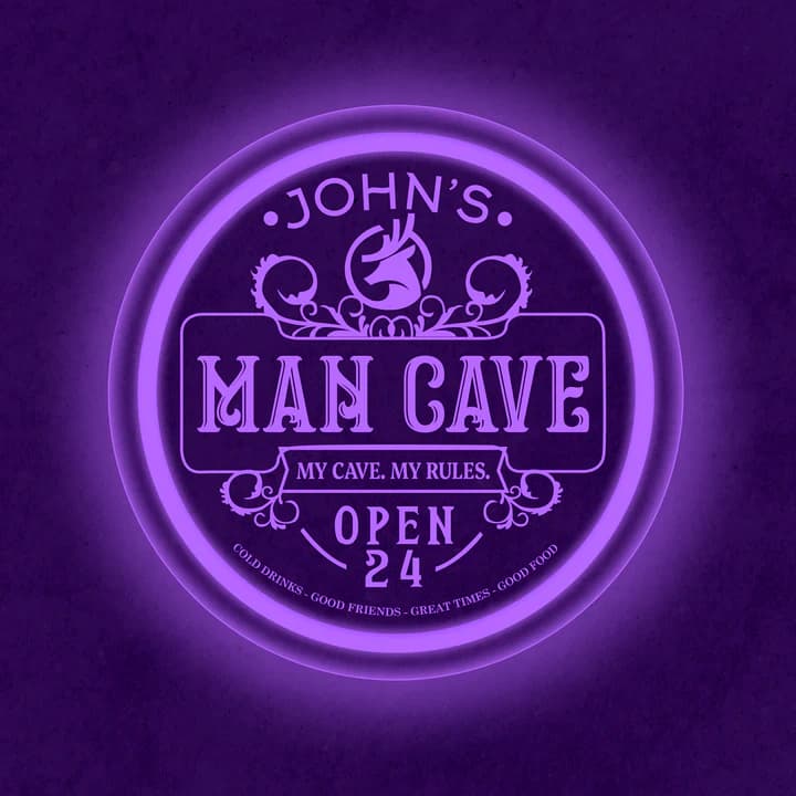 Premium personalized purple man cave LED light featuring an ornate deer logo and open 24 hours text.