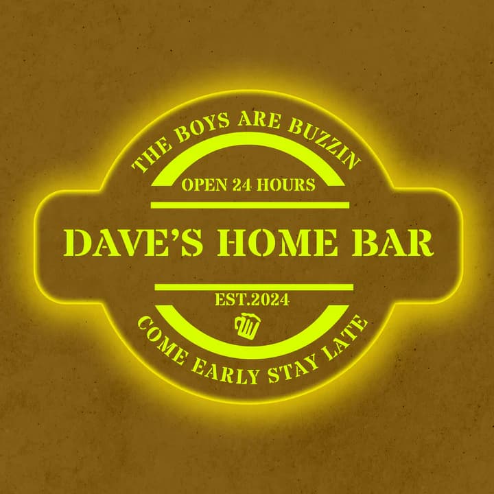 Yellow color-changing LED sign for a man cave or home bar with come early stay late text.
